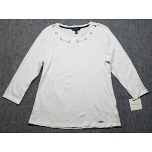 Ellen Tracy Top Blouse Womens XL Bright White Cotton Round Neck 3/4 Sleeve New